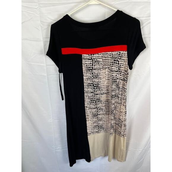 Calvin Klein Black Red White Pattern Block Soft Short Sleeve T-Shirt Dress - Picture 1 of 6